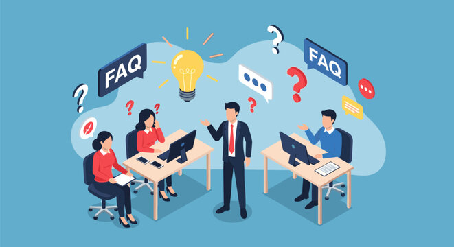 Illustration of office workers discussing frequently asked questions with a lightbulb