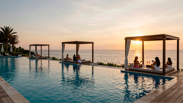 Luxury infinity pool at a tropical resort during golden hour sunset. People relax in a private cabana overlooking the ocean horizon. Ideal for travel and high-end lifestyle themes
