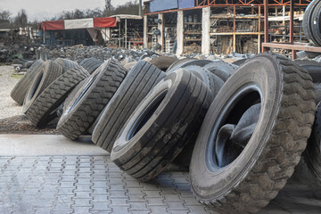 Truck Tire Service Yard  Used Heavy Duty Tires at Repair Workshop © Сергей Иванкин