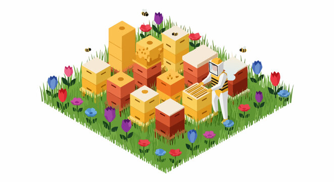 Isometric Apiary Beekeeping Vector Illustration with Beekeeper in Protective Suit, Honeycomb Hives, and Spring Flowers on Grass