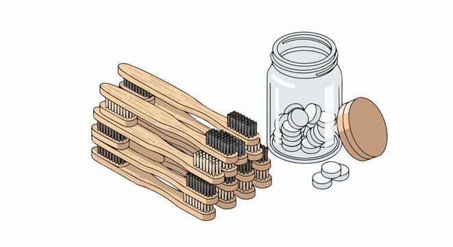 Sustainable Zero Waste Dental Care Set with Bamboo Toothbrushes and Toothpaste Tablets in Glass Jar - Isometric Illustration for Eco-Friendly Oral Hygiene and Plastic-Free Living
