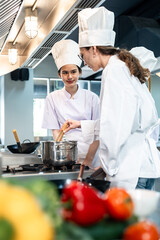 Chef team cooking training in professional kitchen, culinary staff collaboration for restaurant workflow, hospitality education, and food service branding visuals