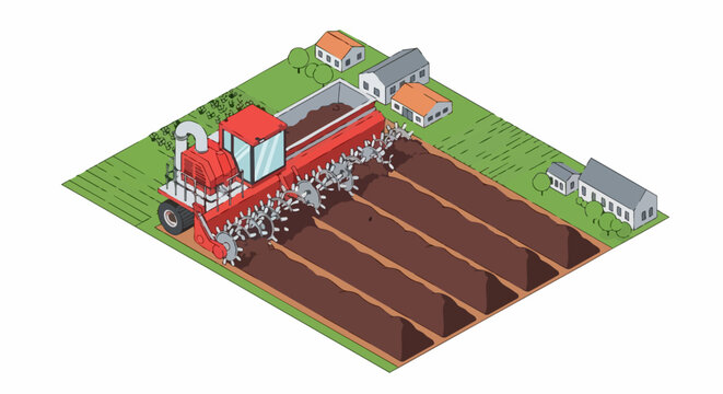 Isometric Illustration of an Industrial Compost Turner Machine Processing Organic Waste Windrows on a Farm