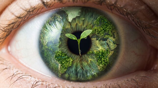 Green eye with a sprouting plant reflecting Earth inside the iris close-up