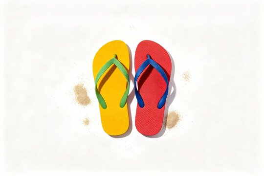 A pair of mismatched flip-flops, one yellow with green straps and one red with blue straps, sit on white with scattered sand around them.