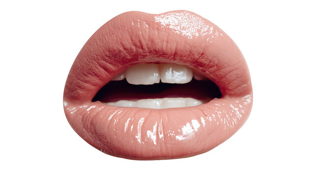 L&egrave;vres f&eacute;minines brillantes avec gloss rose naturel et sourire