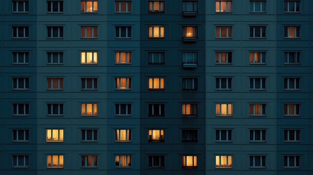 Fa&ccedil;ade d'immeuble r&eacute;sidentiel avec fen&ecirc;tres &eacute;clair&eacute;es le soir
