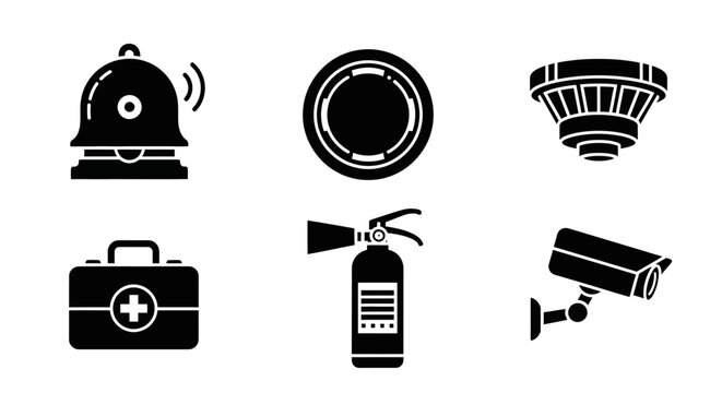 Essential Safety and Security System Icons: Fire Alarm Bell, Smoke Detector, Fire Sprinkler, First Aid Kit, Extinguisher, CCTV Camera