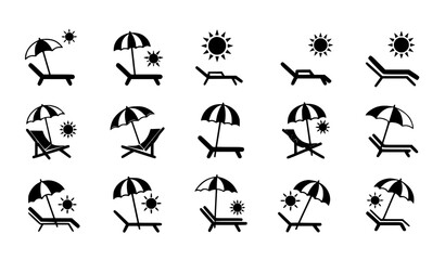 Beach chair with sun icon set flat vector chaise longue parasol beach seating symbols © MstKamrun