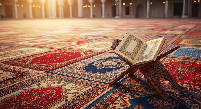 An open holy book resting on an ornate prayer rug inside a grand mosque.