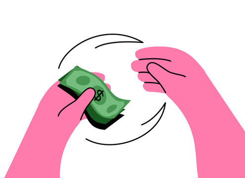 Money payment vector illustration. Hand giving cash dollar bills to another hand. Flat cartoon illustration of financial transaction, payment, business deal isolated on white. Buying paying design