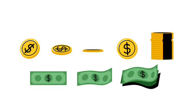 Money set with coins and bills vector illustration. Cash, dollar currency, gold coin stacks, bank notes for wealth, finance, investment concept. Flat cartoon illustration isolated on white background