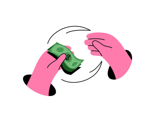 Money payment vector illustration. Hand giving cash dollar bills to another hand. Flat cartoon illustration of financial transaction, payment, business deal isolated on white. Buying paying design
