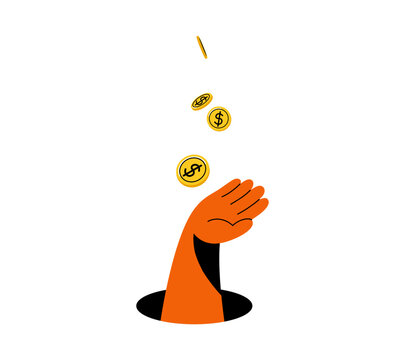 Money coins falling into hand from hole vector illustration. Cash, gold currency for wealth, profit, hidden income concept. Minimal flat cartoon illustration isolated on white background. Earning sign