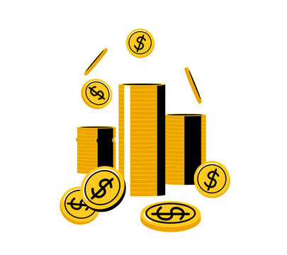 Money coins stack vector illustration. Gold dollar currency for wealth, finance, investment growth concept. Minimal flat cartoon design of golden piles isolated on white background