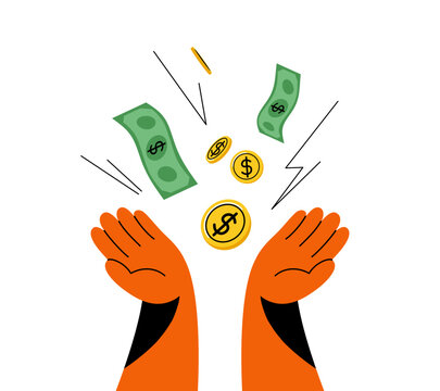 Money falling into open hands vector illustration. Cash, coins and dollar bills for wealth, profit, success concept. Minimal flat cartoon design isolated on white background. Finance gain sign