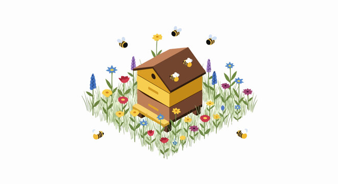 Isometric 3D illustration of a wooden beehive in a colorful wildflower meadow with honey bees flying around, isolated on a white background.