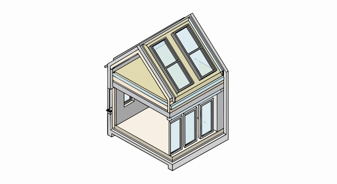 Isometric Architectural Cutaway of a House Attic Extension with Energy-Efficient Insulation and Skylights