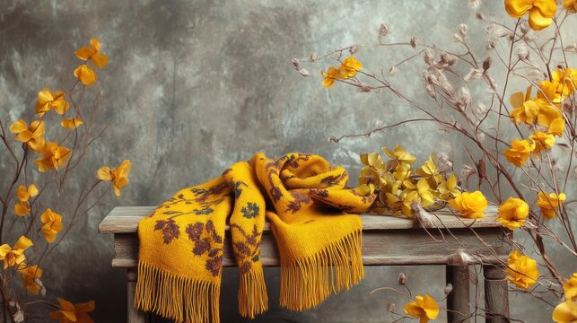 Yellow patterned shawl on wooden bench, floral arrangement, studio shot