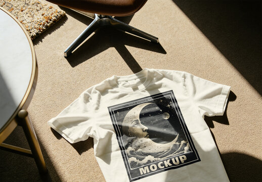 Vintage Aesthetic White T-Shirt Mockup with Sunlight Shadows