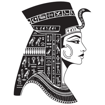 Egyptian queen profile with hieroglyphs and headdress