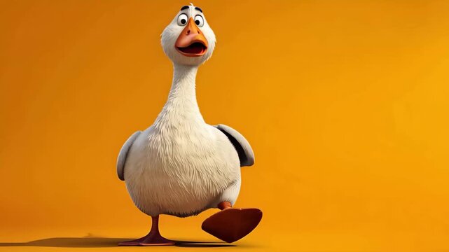 Funny duck character stands in front of bright yellow background and looks curious while moving its head in different directions