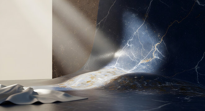 Minimalist dark marble interior with dramatic sunlight and elegant white cloth
