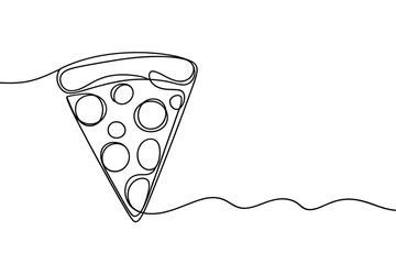 Minimalist line drawing depicts a single slice of pizza with scattered toppings