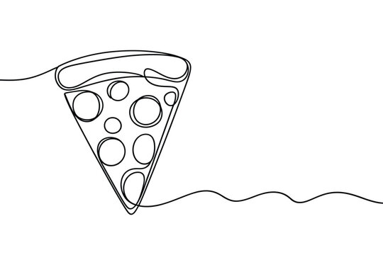 Minimalist line drawing depicts a single slice of pizza with scattered toppings