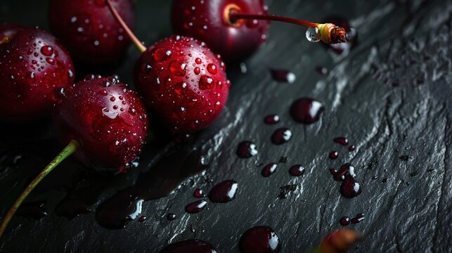 Close-up shot of plump dark red cherries covered with fresh water droplets, placed on a dark textured black surface. The high-definition macro view highlights the smooth fruit skin, crystal dew drops,