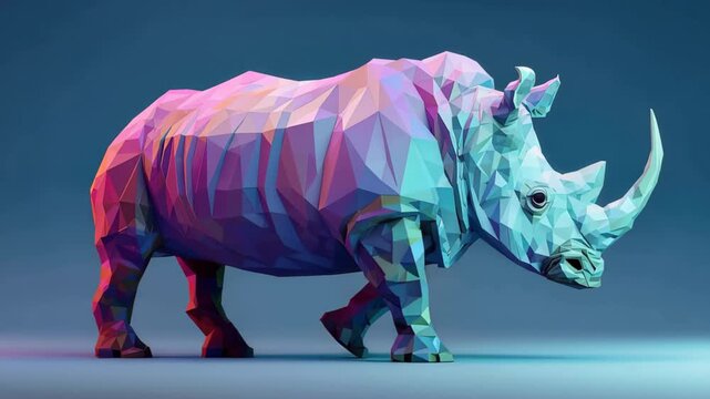Colorful polygonal rhinoceros model displayed in an art exhibition in a modern gallery during the evening