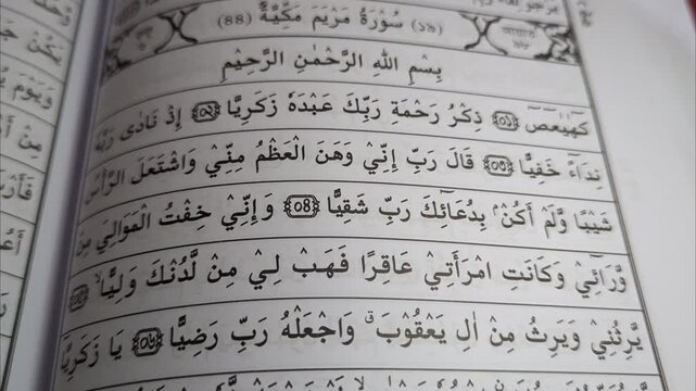 Holy Quran recited in Arabic scripture, Islamic religious text, Surah Maryam revealed in Mecca, ancient manuscript, sacred verses, spiritual devotion, divine knowledge, worship.