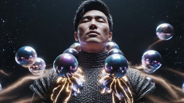 Stoic male portrait in a textured turtleneck sweater, framed in a dark cosmic studio with floating iridescent spheres, cinematic low-key lighting and futuristic atmosphere