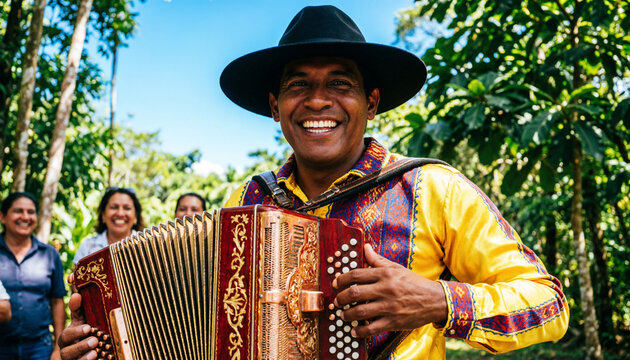 Happy Latino Man Playing Accordion in Tropical Outdoor Setting with Friends / acordeonista colombiano de vallenato