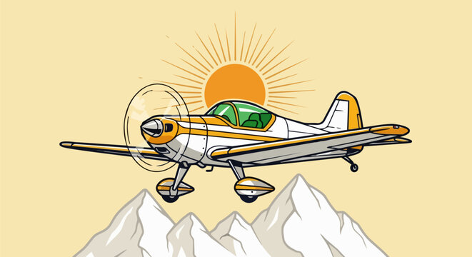 Vintage light aircraft flying over mountains, retro propeller airplane vector illustration, small private plane soaring against sun and peaks