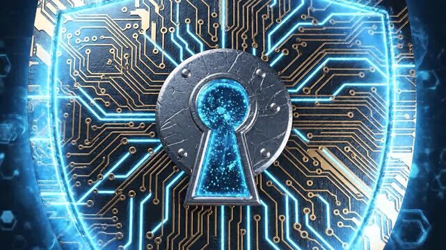 Digital Security Shield with Glowing Keyhole and Circuitry Background.
