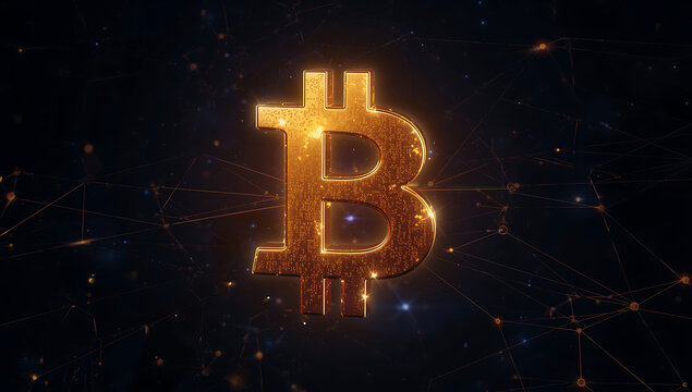 Golden bitcoin symbol glowing digitally connected network background abstract digital finance cryptocurrency technology