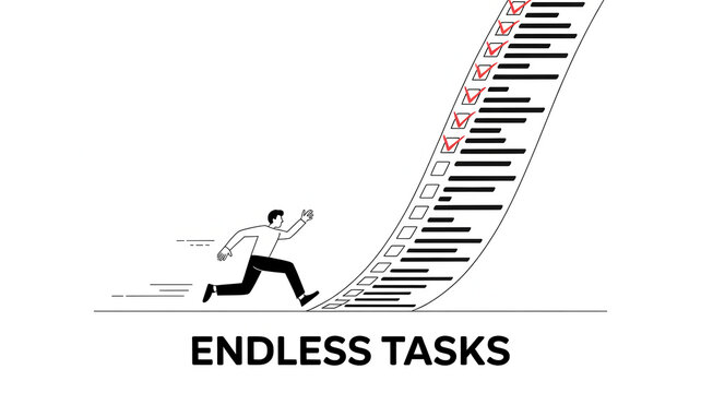 Endless Task: A person struggles against an overwhelming checklist, illustrating the daunting nature of numerous tasks.