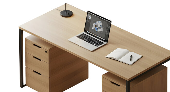 Contemporary light wood isometric desk with open laptop displaying industrial 3D model design, minimalist desk lamp, open sketchbook with pen, and two drawer units, isolated on white