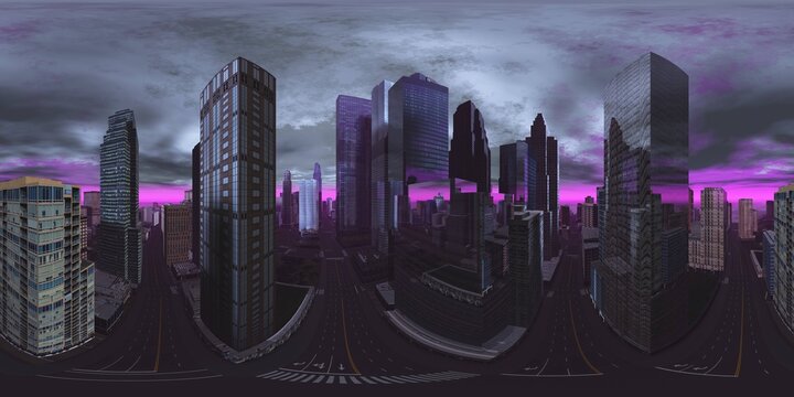 Night city, Cityscape, Environment map. HDRI map. Equirectangular projection. Spherical panorama., 3D rendering