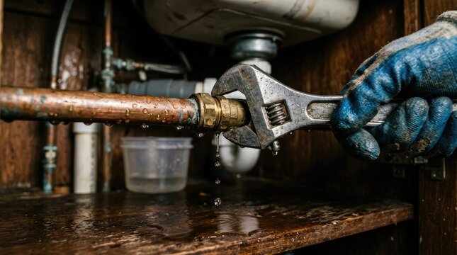 Hand using adjustable wrench on leaky copper pipe under sink