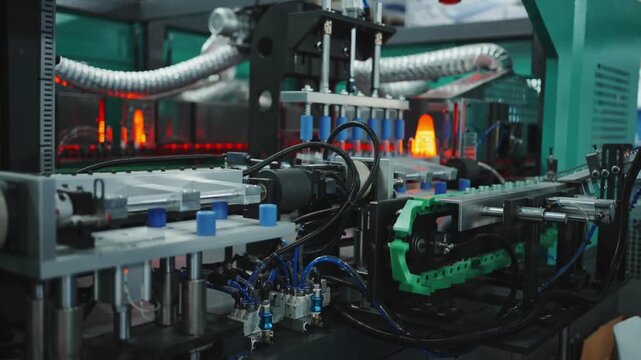 Industrial machine with blue and green components and silver tubes