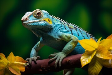 Obraz premium Blue iguana standing on a dark wooden branch, looking forward with green blurred background