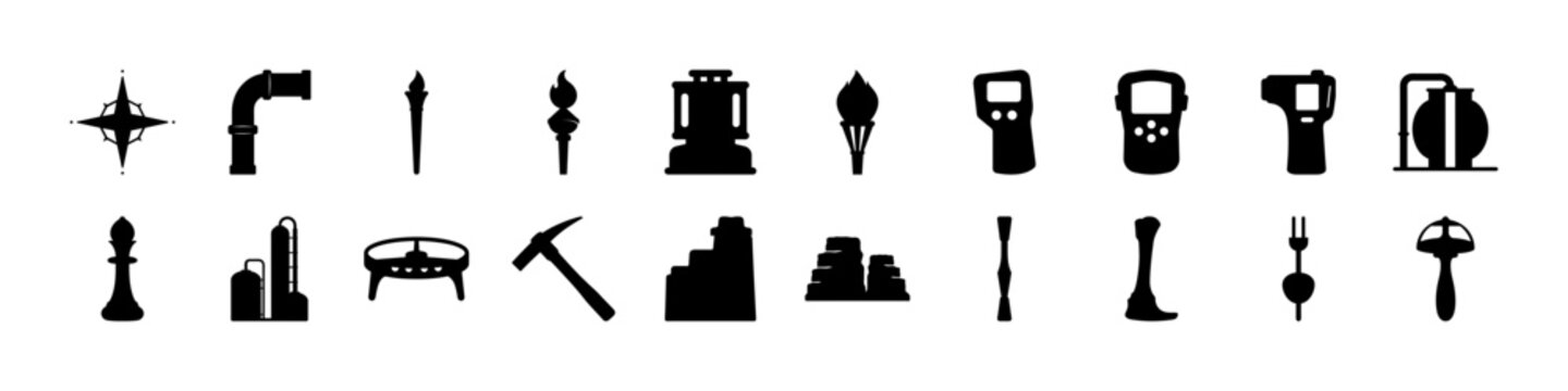 Set of household tools and utility icon silhouettes - Black silhouette icons featuring household tools, furniture, and utility elements representing home maintenance, living, and everyday domestic con