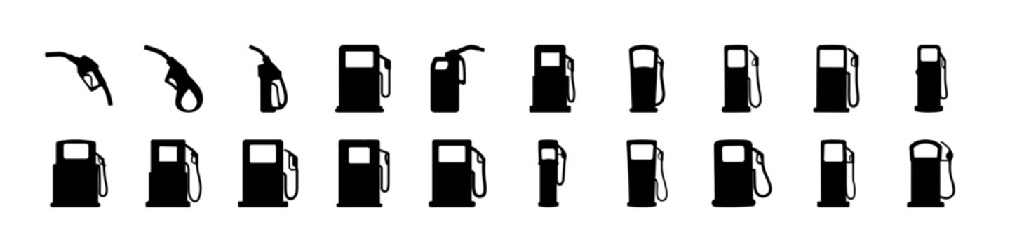 Set of fuel pump and gas station icon silhouettes - Black silhouette icons featuring fuel pumps, gas nozzles, and refueling elements representing petrol stations, energy supply, and transportation fue