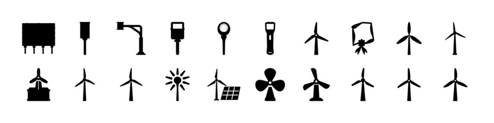 Set of wind turbine and tool icon silhouettes - Black silhouette icons featuring wind turbines, tools, and utility elements representing renewable energy, maintenance, and industrial concepts. © Md