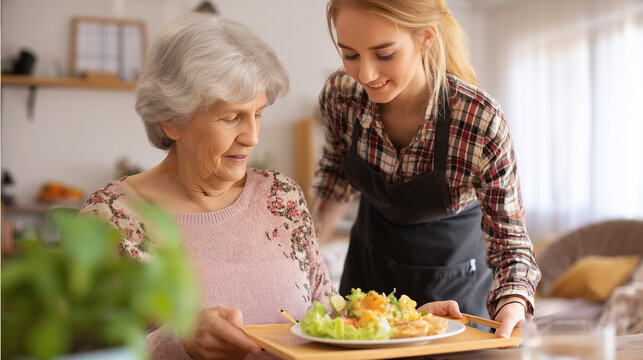 Elderly woman being served healthy meal by caregiver, concept of senior care, nutrition and wellbeing