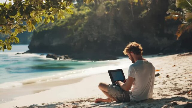 Working on a laptop while sitting on the beach near the water in a tropical location during the day