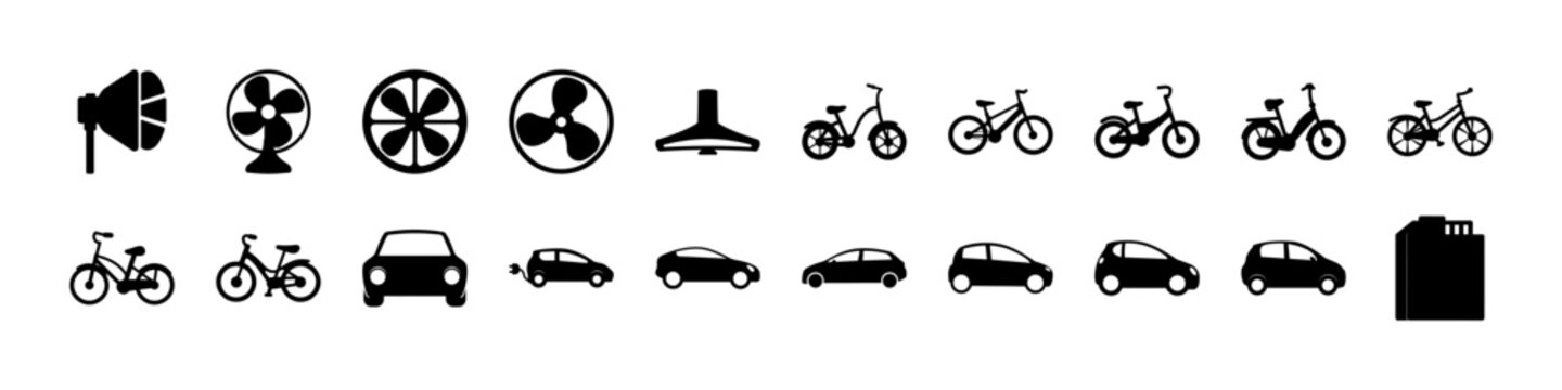 Collection of transport and vehicle silhouette icons - Black icon set featuring bicycles, cars, trucks, and transport symbols representing mobility, travel, urban transport, and vehicle concepts.