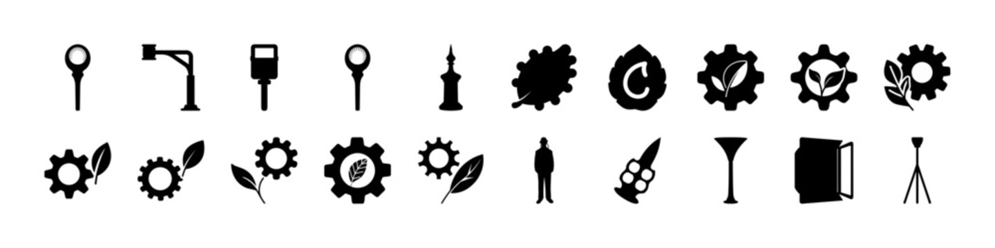 Collection of gear, tool and settings icons - Black silhouette icons showing gears, tools, sliders, and system elements representing settings, configuration, engineering, and technical interface conce